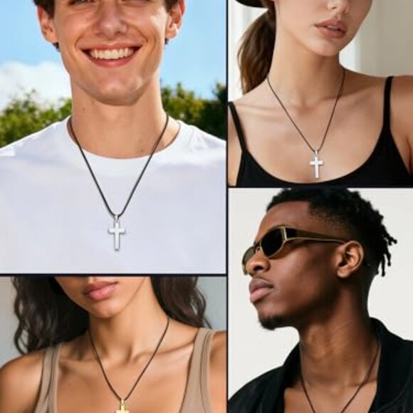 Stainless Steel Pendant Necklace with Leather Cord, 22 Inch - Picture 3 of 8